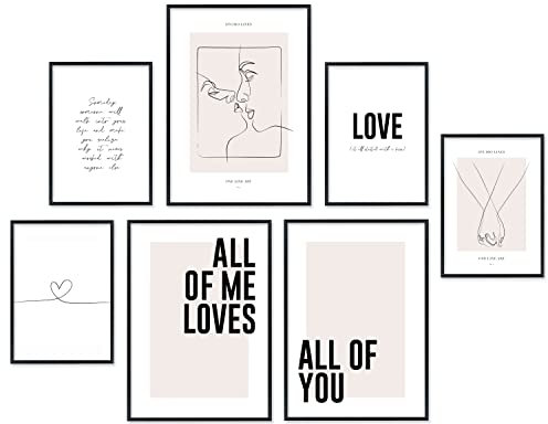 Hyggelig Home Premium Poster Set - 7 harmonische Liebe Bilder - Love Partnerschaft Liebespaar Ich liebe dich Herz Loving Deko für Wohnzimmer Flur Schlafzimmer - mit Rahmen weiß