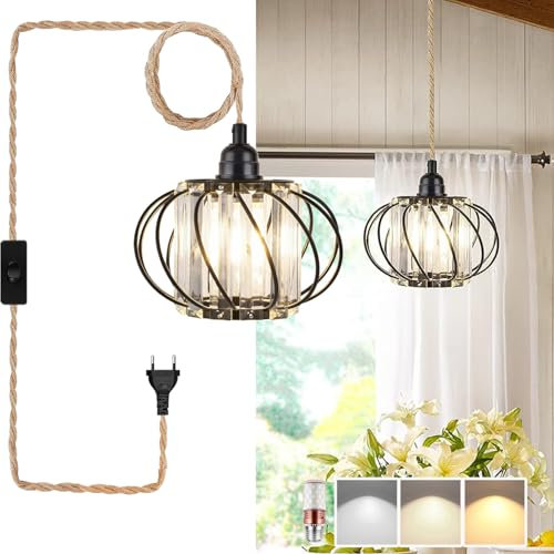 Pendelleuchte Kit mit Stecker E27 Retro Küche Hängelampe Lampenkabel mit 5 Meter Seil Kabel Dimmbar Plug in Hängeleuchte Schwarz Metall Kristall Lampenschirm Kronleuchter für Schlafzimmer Esszimmer