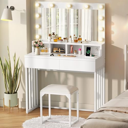 YITAHOME Schminktisch mit Hocker LED-Beleuchtung Hollywood, 3 Farben mit Einstellbarer Helligkeit, Schminktisch mit Spiegel 2 USB-Ladeports Kosmetiktisch mit Spiegel, 2 Schubladen für Schlafzimmer