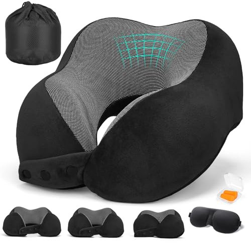 HITSZS Cuscino cervicale aereo, cuscino da viaggio in memory foam, cuscino cervicale per adulti, supporto per il collo regolabile e traspirante con morbido rivestimento lavabile, tappi per le orecchie