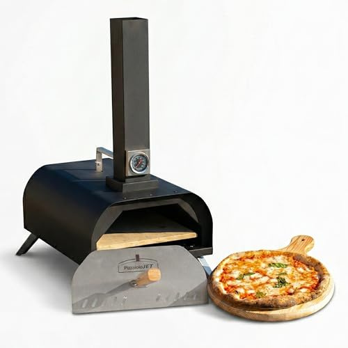 PizzaioloJet Forno Pizza a Pellet 460°C – Pizza pronta in 150 sec, Compatto 28 cm, 11 kg Portatile, con Pietra Refrattaria e Termometro, Ideale per Balcone e Giardino