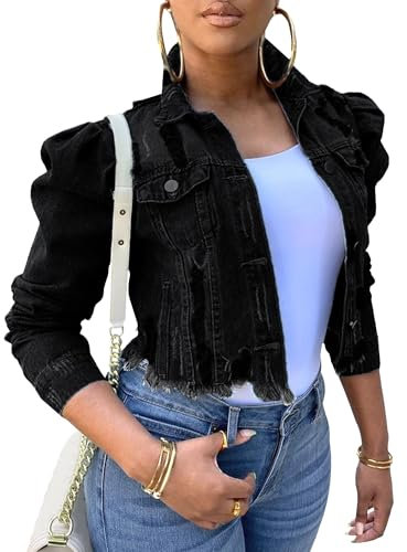 Denim Jacket For Women Cropped Puff Sleeves Denim Jacket Street Style Spring Summer Lapel Ripped Jean Coats