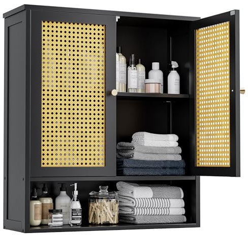 vovala Armoire Murale de Salle de Bain en Bambou avec 2 Portes en rotin et étagère réglable, Armoire à Pharmacie économiseur d'espace pour Linge, Cuisine, Salon (Noir)