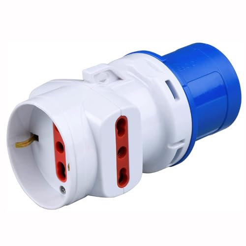 Adattatore da spina industriale CEE 220V 230V 3 Poli 2P+T a 2 prese bipasso bivalente 10A/16A e 1 presa schuko/bipasso 10A/16A, IP20, uso interno, blu