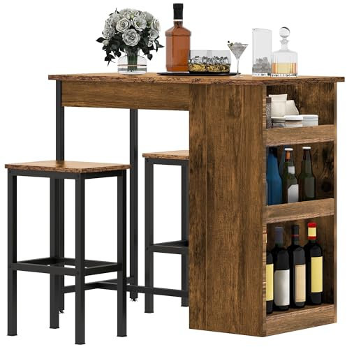 DWVO Breakfast Bar Table and Stools Set, Kitchen Breakfast Bar Table Set Storage Shelf for Kitchen Dining Room Pub Industrial Steel Frame Rustic Brown