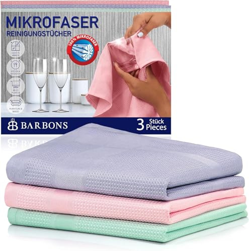 BARBONS Mikrofasertücher – Küchenhandtücher, Reinigungstücher ohne Putzmittel, Allzwecktücher, Microfasertuch autopflege, Streifenfrei und Staubfrei, Bad, Fenster, Spiegel, Auto (Rosa-Mint-Flieder)