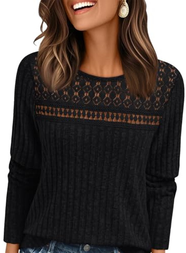 Damen Pullover Rundhals Langarmshirt, Herbst Rippstrick mit Spitzenbesatz | Strickpullover, Pulli, Langarmshirt, Rundhals, Rippstrick, Herbst, Spitzenbesatz an der Brust, Elegant, Alltag Oberteil