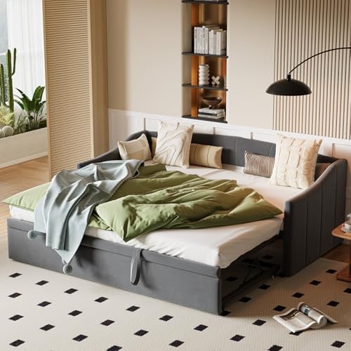 Yeutre Schlafsofa für 2-Sitzer, 90/180 x 200 cm, ausziehbares Schlafsofa, mit Lattenrost, Ausziehbetten, Samtstoff, ohne Matratze (Grau 2)