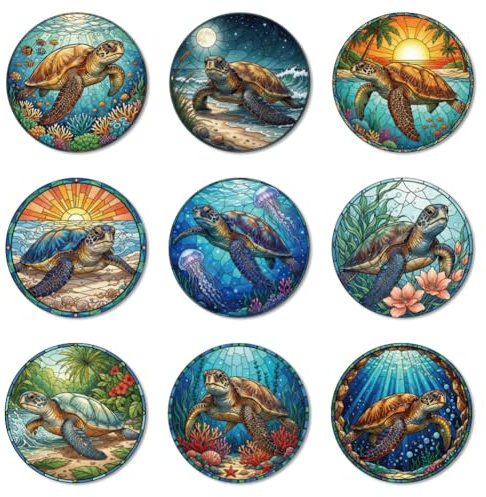 ANATTASOUL 9Pcs Tortuga Marina Posavasos Madera, Posavasos De Madera, Reutilizables, Redondos, Drink Coasters, Taza para Café, Bar, Cocina, Restaurante