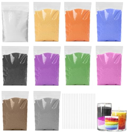 SGQTGIMU Kerzensand Set 10 Farben à 50g, 500g Paraffin Wachsgranulat mit 20 Dochten, DIY Kerzenwachs zum Gießen & Schichten, Farbiges Kerzen Sand für kreative Kerzenherstellung