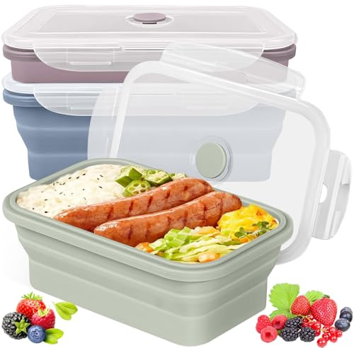 3Pcs Recipientes Fiambrera Plegable 550ml con Tapa, Contenedor Alimentos Reutilizable de Silicona, Contenedor Almacenamiento de Alimentos, Fiambreras Plegables para Microondas, Frigorífico, Congelador