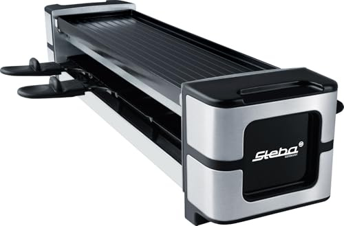 Steba RC 140 Guss-Raclette mit 4 Antihaft Pfännchen | PFAS-freie keramikbeschichtete Grillplatte, wendbar, 4 antihaft Pfännchen, stufenloser Regler, 38,5 x 11 cm Grillfläche