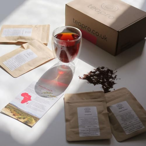 Premium Rooibos Tea Gift Set | 3 Rooibos + 1 Honeybush from South Africa with Glass Infuser & teapro Educational Booklet | Unique Wellness Gift for Tea Lovers