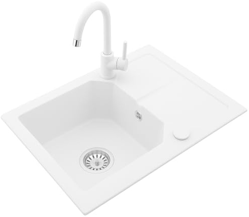 roe furniture Granitspüle Weiß 60x44 cm mit Mischbatterie, Küchenspüle Rechteckig aus Granit für 45 cm Unterschrank, Spülbecken Küche inkl. Siphon & Zubehör