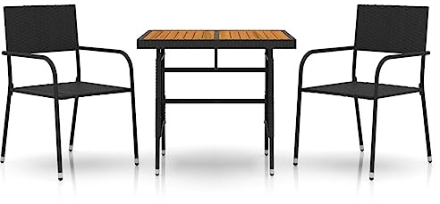 Owoxanthellate Rattan Gartenmöbel Set 3-teilig Schwarz 70x70 cm Tisch + 2 Stühle Polyrattan Stahl Akazie wetterfest platzsparend für Balkon Terrasse und Wintergarten