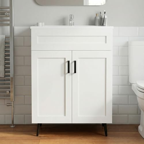 LDarqeer 600mm Bathroom Vanity Unit with Ceramic Basin, White Freestanding Bathroom Sink Cabinet, Modern Shaker Design, Soft-Close Door, Single Tap Hole, White with Black Handles