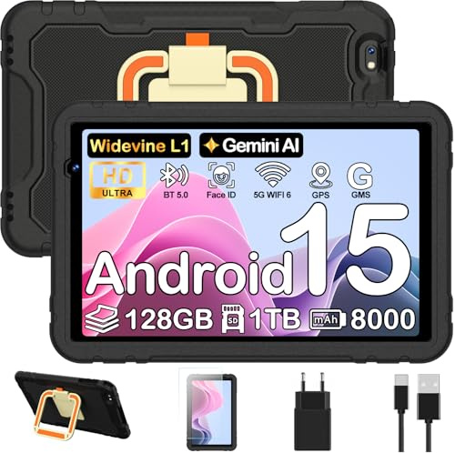 Tablet 10 Pulgadas Android 15, 128GB ROM + 2TB TF, Widevine L1, Control Parental, 8000 mAh, Octa-Core 2.0Ghz, Face ID, GMS, GPS, WiFi 6, Protective Antichoque EVA + Soporte giratorio de 360° - Negro