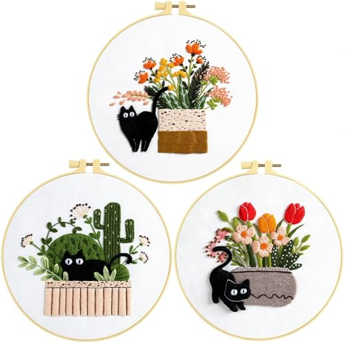 AUAUY 3 Stück Sticken Set, mit Katze Embroidery, Stickrahmen und Werkzeuge | Stickerei Set Anfänger, für DIY Kunst Handwerk, Erwachsene Stickerei Set, Handstickerei-Kits, für DIY Kunst, Handwerk