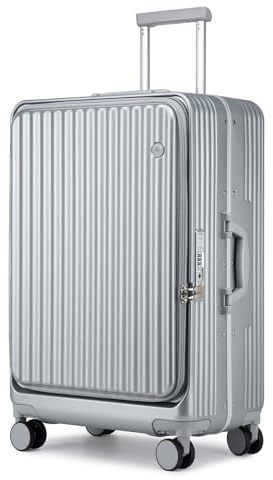 Somago Valise légère avec porte-gobelet et port USB, cadre en aluminium, valise rigide en polycarbonate avec serrure TSA, Argenté, Bagages enregistrés de 24 pouces, Luaage PC léger avec porte-gobelet