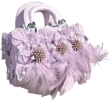 Xjdzineq Borsa a tracolla in pizzo piumato con perline Tracolla regolabile Borsa in pelle PU per donne Festa Incontri Uso quotidiano Borsa casual in pelle PU, Viola