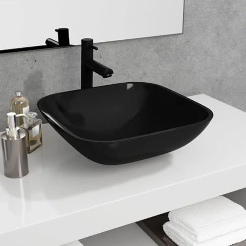 Lavabo da appoggio in vetro, 42 x 42 x 14 cm, nero, rotondo, per bagno e WC degli ospiti