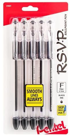 Pentel RSVP Ballpoint Pen, (0.7mm), Fine Line, Black Ink, Pack of 5 (BK90PF5A)
