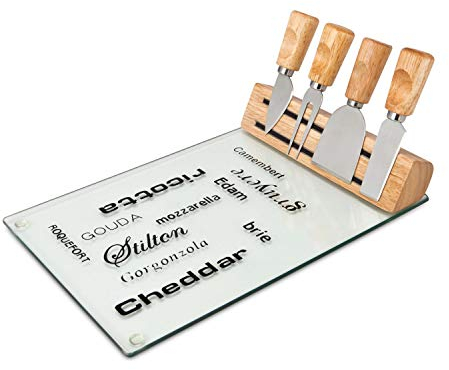 ROMINOX Lot de 5 Accessoires de Fromage faciles d'entretien : Plateau en Verre, Corps en Bois avec Support magnétique, 4 Couverts à Fromage, Dimensions : env. 30 x 20 x 12 cm