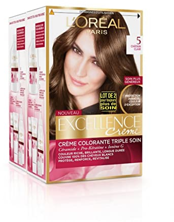 L'Oréal Paris - Excellence Crème - Coloration Permanente Triple Soin 100% Couverture Cheveux Blancs - Nuance 5 Châtain Clair - Lot de 2