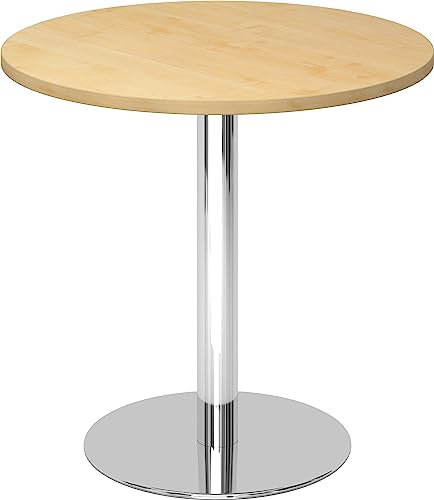 bümö Besprechungstisch, Esstisch klein, Tisch rund 80 cm - Kleiner Esstisch Ahorn, Rundtisch Esstisch 2 Personen mit Holz-Platte, Säule aus Metall verchromt, Konferenztisch, Bistrotisch