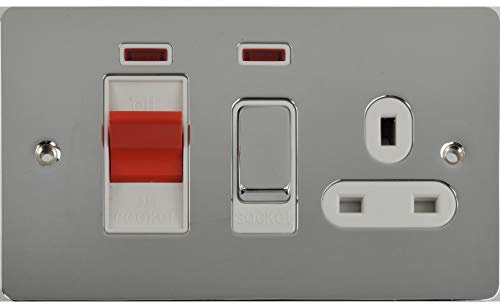 Schneider Electric Ultimate Flat Plate - Switched Cooker Control Unit with Single Power Socket, Neon Indicator, 45A, GU4201WPC, Polished Chrome with White Insert