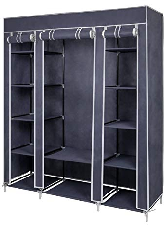 Mondeer Stoffschrank für Schlafzimmer, Kleiderschrank, zusammenklappbar, mit sechs Reißverschlüssen und DREI Türen, schneller Zugriff, 175 x 150 x 45 cm, großes Stauraum, Grau