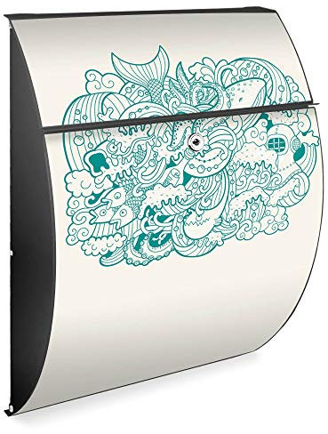 banjado Design Briefkasten - Modell Riviera 46x33,5x13cm groß - verzinkter Stahl anthrazit - Postkasten Öffnungsstopp großer A4 Einwurf Zylinderschloss 2 Schlüssel - Motiv Tiefsee