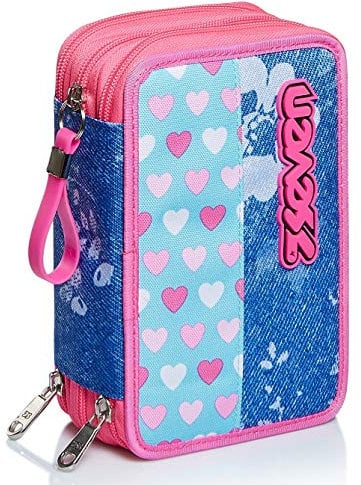 Seven Federmäppchen, Mehrfarbig, Federtasche für Schreibwaren, Etui mit Stiften, Kugelschreiber, & mehr, 3 Fächer, Mädchen & Jungen, Schule - Grundschule, XXL Candy Fuxia rosa/blau/schwarz