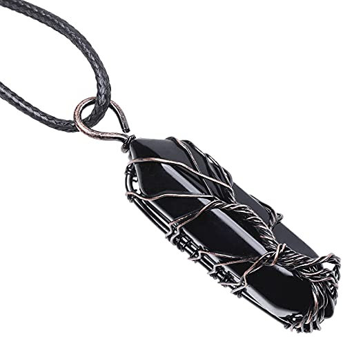mookaitedecor Arbre de Vie Collier Pierre Pendentif Hexagonal Prisme Pointe Énergie Cristal Bijoux pour Femme Homme, Obsidienne Noire
