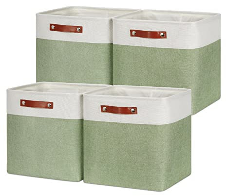 HNZIGE Collapsible Fabric Storage Cubes 13x13x13 Set of 4 Decorative Storage Basket Bin with Handles Storage Cube Basket for Organizing Clothes, Toys, Closet, Nursery(Green White)