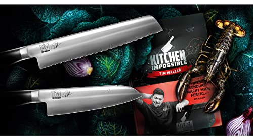 KAI Kamagata Monster Set, 2 Messer Santoku TMK-0702 Santoku+ TMK-0705 Brotmesser+ neues, handsigniertes Kochbuch von Tim Mälzer Kitchen Impossible