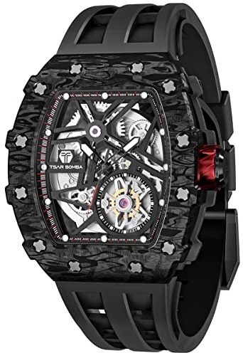 TSAR BOMBA Herrenuhr Automatik Carbon Fiber Uhren Herren- Japanisches Mechanische Uhrwerk-Saphirglas - 51M Wasserdicht-Lünette aus Kohlefaser-Silikonarmband-Luxus Leuchtend Quadratische Uhr