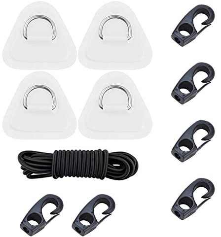 Kayak D-Ring Patches with Strong Elastic Bungee Shock Cord with Hooks Bungee Deck Rigging Kit for PVC Inflatable Boat Sup Kayak Canoe Deck Surfboard Raft Stand Up Paddle Board (White 4 Packs)