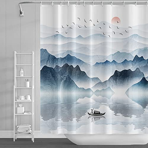 SDOTPMT 122x183cm Montagne Paysage Rideau de Douche Lac en Bois Bateau Soleil Rouge Sauvage Oie Nature Paysage Brumeux Peinture à l'huile Rideau de Bain pour la décoration Salle Bain avec Crochets