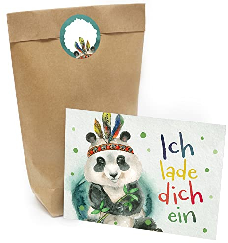 Kindergeburtstag Einladung Set mit je 8 Einladungskarten, Umschlägen, Tüten und Aufkleber - Panda Indianer