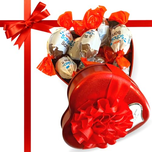 Regalo Festa della Mamma 2025 - Cofanetto Cuore Rosso in Latta + 65gr Cioccolatini Schoko Bons (CUORE ROSSO)