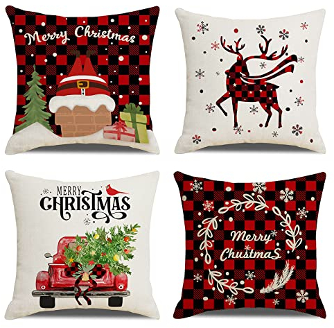 OCEUMACO Leinen Kissenbezug 40x40 Weihnachten Rot Kissenhülle 4er Set Quadrat Sofakissen Dekokissen Bezug für Couch Hirsch Weihnachtsdeko Kissen Kissenbezüge Outdoor Deko Zierkissen Couchkissen