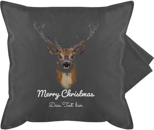 Kissenbezug - Weihnachtskissen Christmas Geschenke - Pixel Hirsch mit Wunschtext - 50 x 50 cm - Grau - weihnachtliche kissenbezüge weihnachtsmotive kissenhüllen Weihnachten Merry bezug