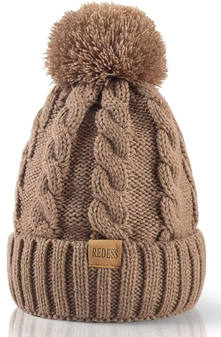 REDESS Damen Winter Bommel Beanie Mütze mit warmem Fleece gefüttert, Dicker Slouchy Snow Knit Skull Ski Cap