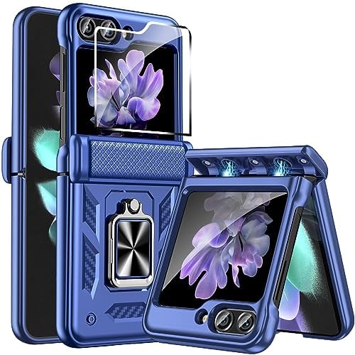 Fewdew for Samsung Galaxy Z Flip 5 Case with Back Screen Protector & Hinge Protection,360° Rotate Ring Magnetic Kickstand Heavy Duty Protective Armor Case for Samsung Galaxy Z Flip 5 5G,Blue