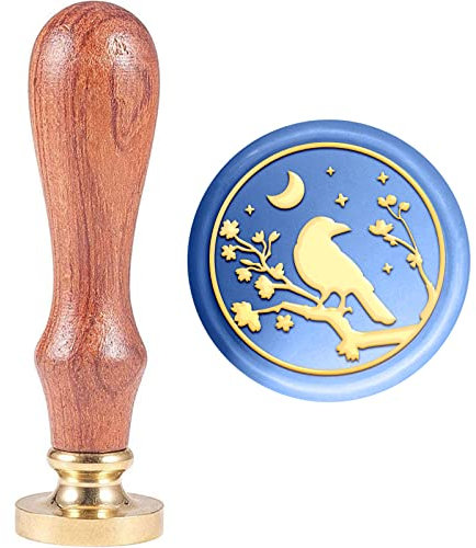 MAYJOYDIY Siegelstempel Aus Wachs Mit Krähenmotiv Rabe Kirschblüte Blume Mond Stern Siegelwachsstempel 30mm Abnehmbarer Messingkopf Hochzeitstag Einladung Briefumschläge Dekoration
