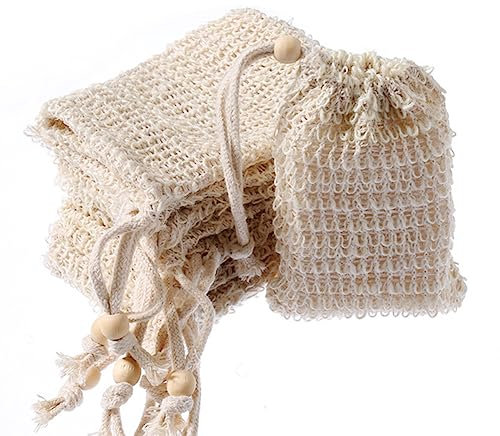 ZILJJ Bolsas de jabón de lino de algodón, 6 unidades, beige, bolsa de jabón portátil de malla para hacer espuma, exfoliante, ducha, estropajo, 4.7 x 5.5 pulgadas