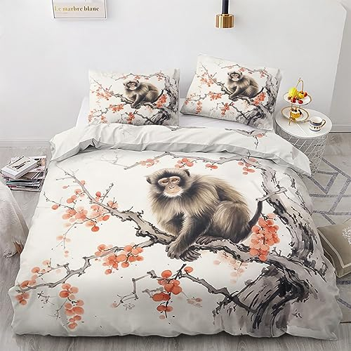 Bettwäsche 135x200 Affen - Kirschblüten Tier Bettbezug, Bettwäsche-Sets 2 teilig, Weich & Bügelfrei Mikrofaser Wendebettwäsche und 1 Kissenbezug 80x80 mit Reißverschlus L7-&-142