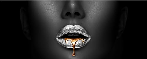 artissimo, Glasbild XXL, 125x50 cm Querformat, AG5405A, Fashion und Frauen: Lippen in Gold uind Silber, Bild aus Glas groß, Wanddeko, Wandbild Wohnzimmer modern, schwarz