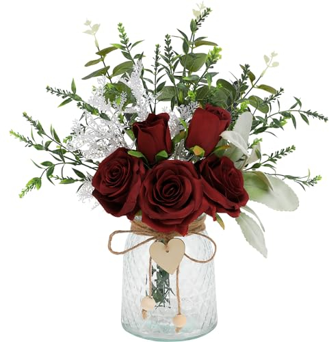 Floralsecret Faux Flowers with Vase Artificial Red Rose Flowers in Vase Fake Eucalyptus Plant Floral Arrangement for Table Centerpieces, Baby Shower, Home Kitchen Office Coffee Shop Decorations